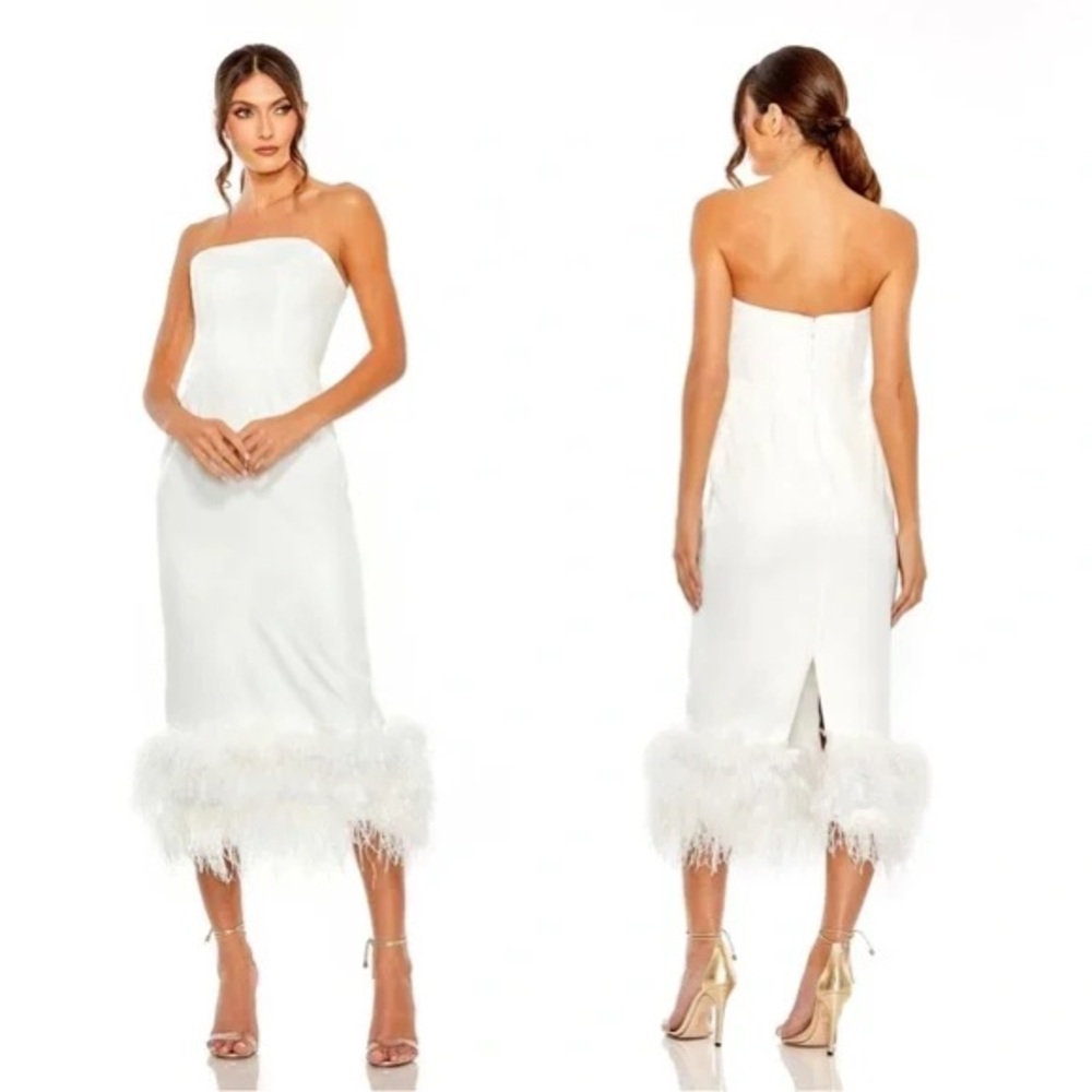 Mac Duggal White Strapless Feather-Hem Midi Dress